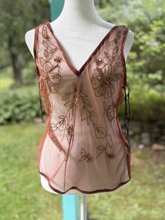 Rachel Zoe Tops - Sheer Embellished Brown V-Neck Mesh Tank Top
